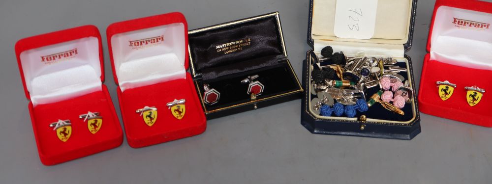 A cased pair of modern Alfred Dunhill 925 and enamel hexagonal cufflinks & other cufflinks including Ferrari.